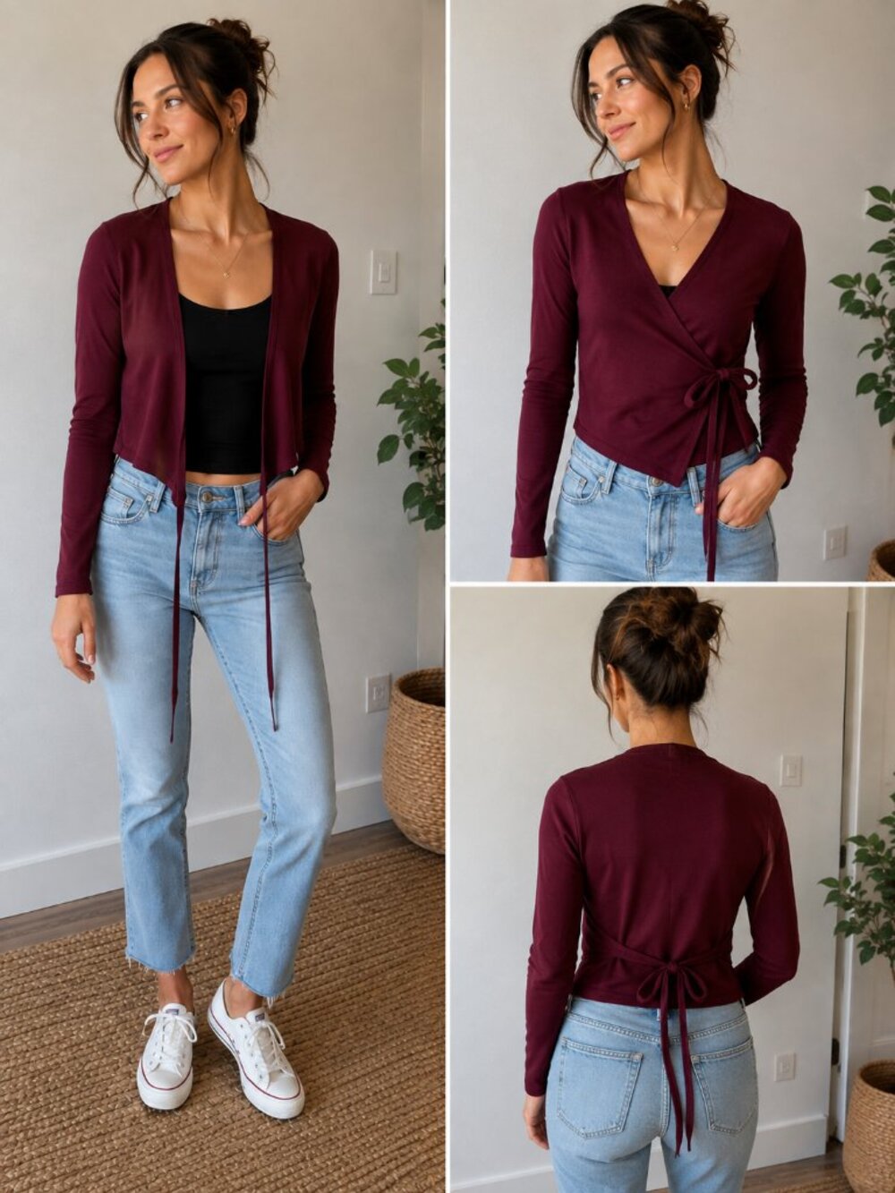 Sunday Best Tie-Front Long Sleeve Top – XS – Burgundy